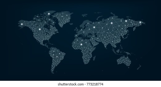 Communications network map of the world Blue map Dark blue background