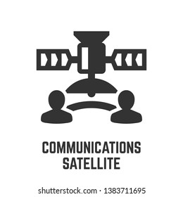 Communications satellite icon with broadcast telecommunication spacecraft, dish antenna and connection users technology symbol.