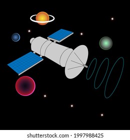 A communications satellite sends radio signals to planet earth.