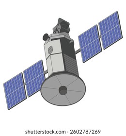 Communications satellite in space, transmitting signals. Isolated vector illustration on a white background.