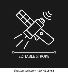 Communications satellite white linear icon for dark theme. Global telecommunications network. Thin line customizable illustration. Isolated vector contour symbol for night mode. Editable stroke