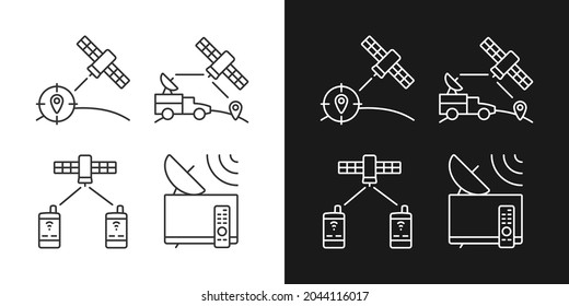 Communications satellites linear icons set for dark and light mode. Global telecommunications network connection. Customizable thin line symbols. Isolated vector outline illustrations. Editable stroke