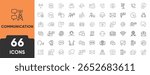 Communications, Telecommunications Line Icon Set. Set of 66 outline icons including phone, satellite, signal, chat, email, connection, and network. Editable stroke. Linear vector illustration.