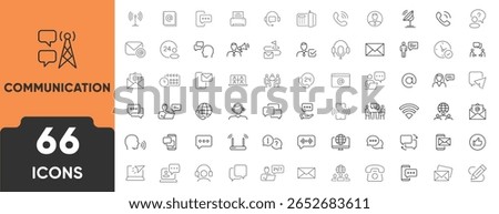 Communications, Telecommunications Line Icon Set. Set of 66 outline icons including phone, satellite, signal, chat, email, connection, and network. Editable stroke. Linear vector illustration.
