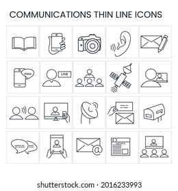 Iconos de línea delgada de comunicaciones ilustración de stock. Los íconos incluyen un libro abierto, una mano con smartphone, cámara, oído de escucha, carta con lápiz, texto en teléfono móvil, transmisión en vivo, noticias en línea