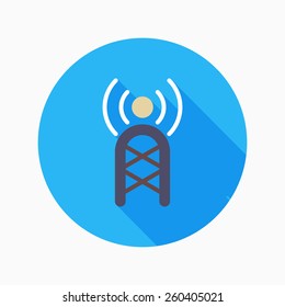 Communications tower flat icon with long shadow on blue circle background , vector illustration , eps10