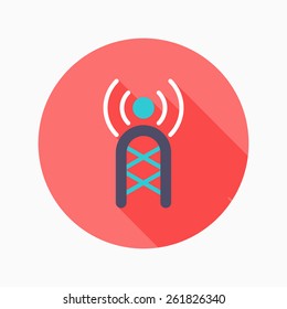 Communications tower flat icon with long shadow on blue circle background , vector illustration , eps10