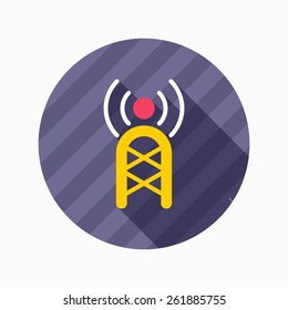 Communications tower flat icon with long shadow on blue circle background , vector illustration , eps10