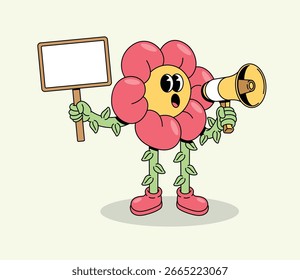 Carácter comunicativo de la flor que anuncia con un megáfono y un signo en blanco