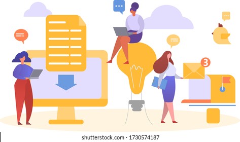 Communicative idea for business, people different nature work and onlain teamwork, design, cartoon style vector illustration. Creative workflow finding help information, women share important data.