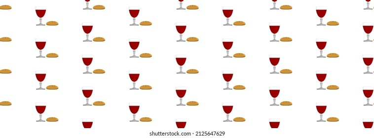 Kommunionsbanner mit Wein und Brot auf weißem Hintergrund, nahtloses Banner. 