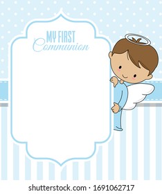 Communion or baptism card. Angel with frame. Space for text