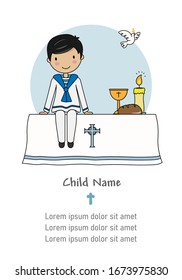 Communion boy card. Child in church