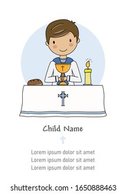 Communion boy card. Boy in the church with chalice in her hand