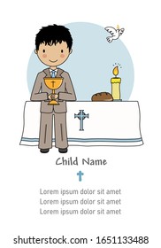 Communion boy card. Boy in the church with chalice