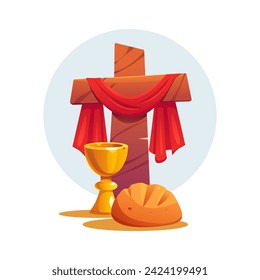 Communion with Bread and Wine. Cross of Jesus Christ. Invitation design template. Easter Vector Illustration in Cartoon Style.