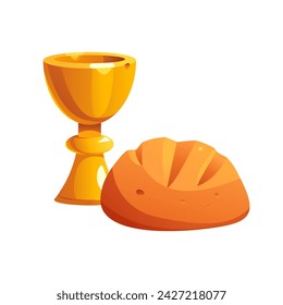 Communion with Bread and Wine Isolated on White Background. Symbol of the Worsening of the Sufferings of Jesus Christ. Vector Illustration in Cartoon Style.