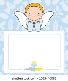 communion card. angel boy with wings on top of poster. space for text