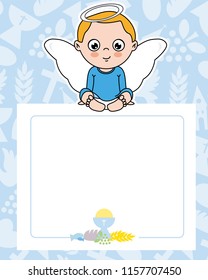 communion card. angel boy with wings sitting on top of a frame. space for text