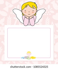 communion card. angel girl with wings on top of poster. space for text