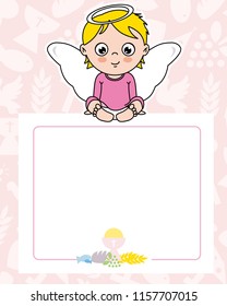 communion card. angel girl with wings on top of poster. space for text