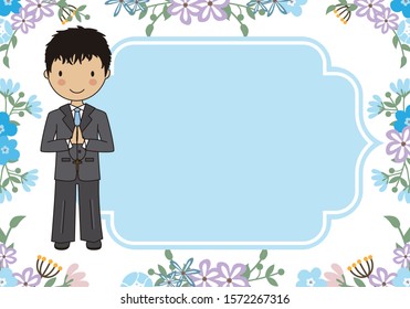 Communion Card. Boy praying with flowers background
