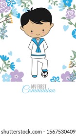 Communion Card. Child with communion suit and flower background