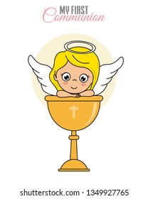 Communion card girl. Angel girl with chalice