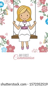 Communion Card. Girl on swing and flower background