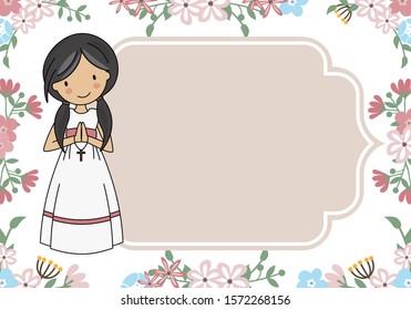 Communion Card. Girl praying with flowers background