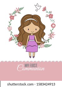 Communion card girl. Girl sitting in a flower frame with a dove in her hand