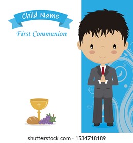 Communion Card. Little boy praying. Space for text