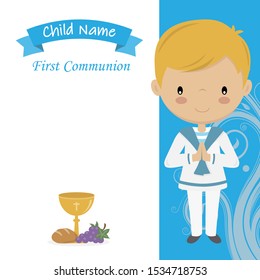 Communion Card. Little boy praying. Space for text