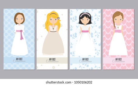 communion cards girls. set of four pretty girls in communion dresses with flowers and hearts backgrounds