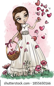 Communion girl. Beautiful girl dressed for her First Communion carrying a wicker basket and handing out hearts. Vector Illustration. Watercolor.