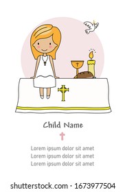 Communion girl card. Child in church