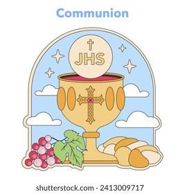 Ilustración del sacramento de la comunión. Cáliz con pan y uvas eucarístas, símbolos centrales de la adoración cristiana y recuerdo de la Última Cena de Jesús. Ilustración vectorial plana