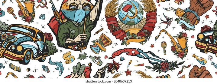 Communism in Cuba seamless pattern. Traditional tattooing background. Hero cuban revolutionary, retro machine, symbol of the Soviet Union. History and culture of Latin America