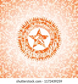 communism icon inside abstract emblem, orange mosaic background
