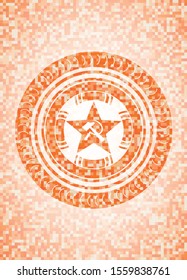 communism icon inside abstract emblem, orange mosaic background