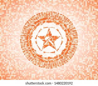 communism icon inside abstract orange mosaic emblem with background