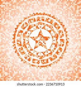 communism icon inside abstract orange mosaic emblem with background. 