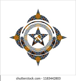 communism icon inside arabic badge background. Arabesque decoration.