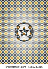 communism icon inside arabic emblem. Arabesque decoration.