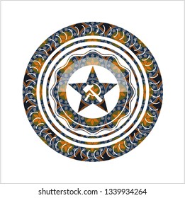 communism icon inside arabic emblem background. Arabesque decoration.