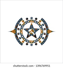 communism icon inside arabic emblem background. Arabesque decoration.