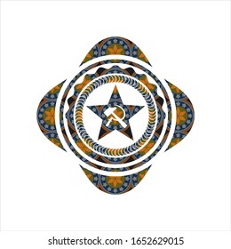 communism icon inside arabic emblem. Arabesque decoration.