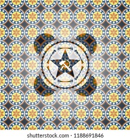 communism icon inside arabic style badge. Arabesque decoration.