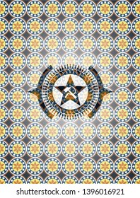 communism icon inside arabic style badge. Arabesque decoration.
