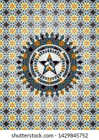communism icon inside arabic style badge. Arabesque decoration.